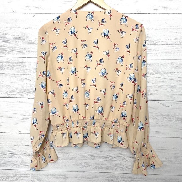 Scripted Women's Peach Blue floral print blouse Plunge Wrap Front Long Sleeves M - Picture 2 of 6